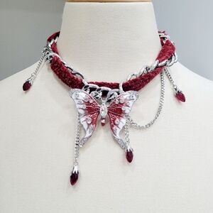 Brand New Stainless Steel Red & White Butterfly Choker Chain Necklace